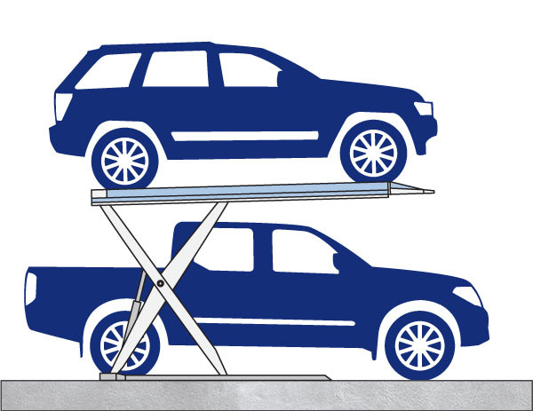Side view diagram of a small residential car stacker with navy blue vehicles