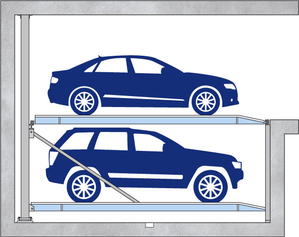 Side view diagram of an LS11h semi automatic car stacker with navy blue vehicles