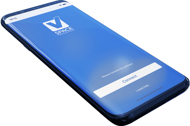 Mobile phone on angle showing V-Space mobile app welcome screen