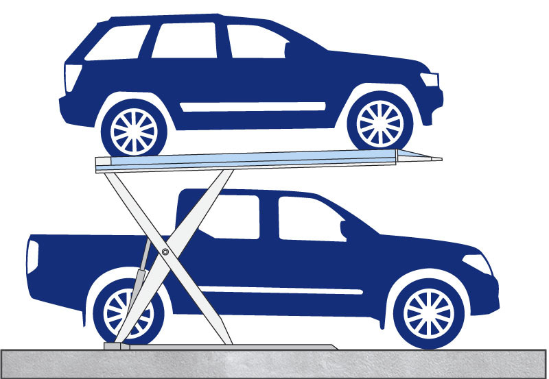 Side view diagram of a small residential car stacker with navy blue vehicles