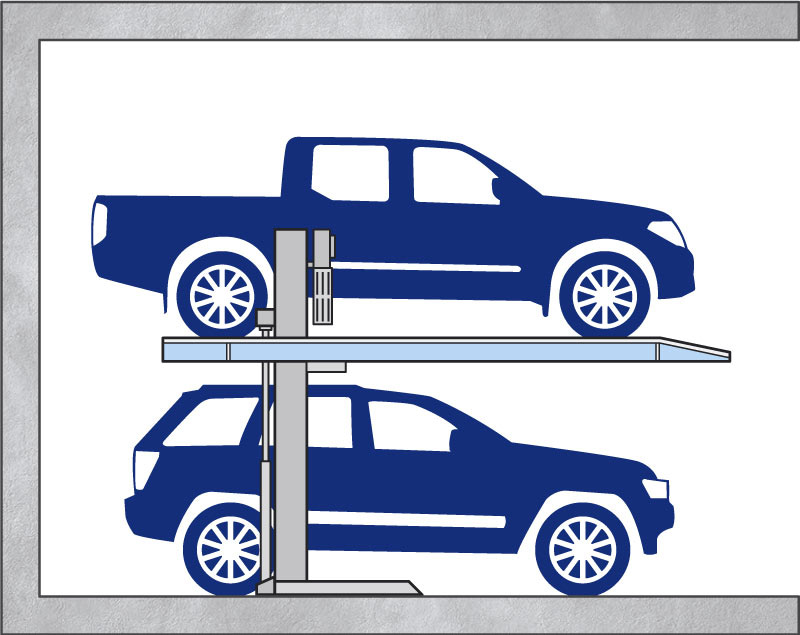 Diagram of a manual car stacker with navy blue vehicles