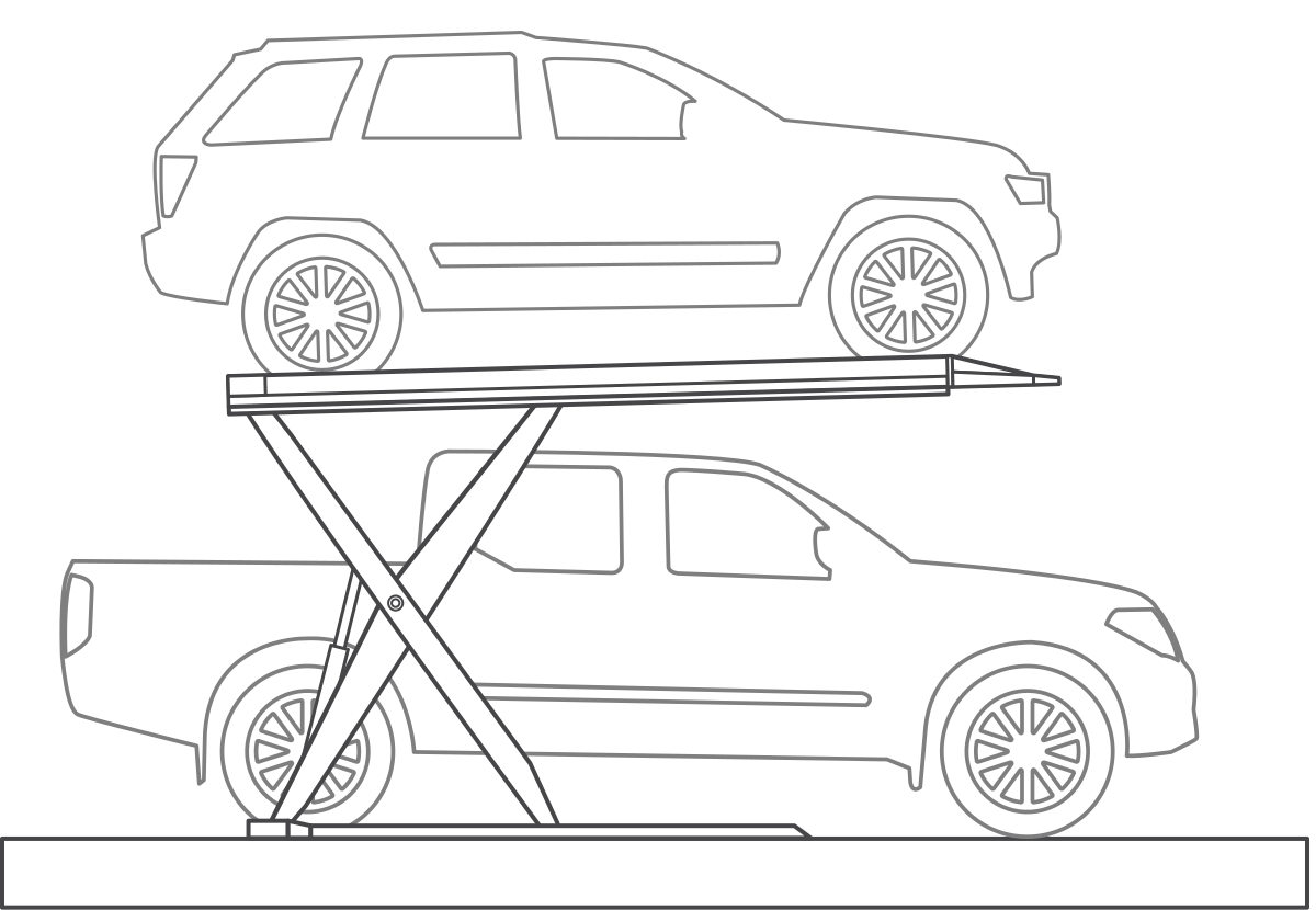 Line drawing diagram of a small residential car stacker