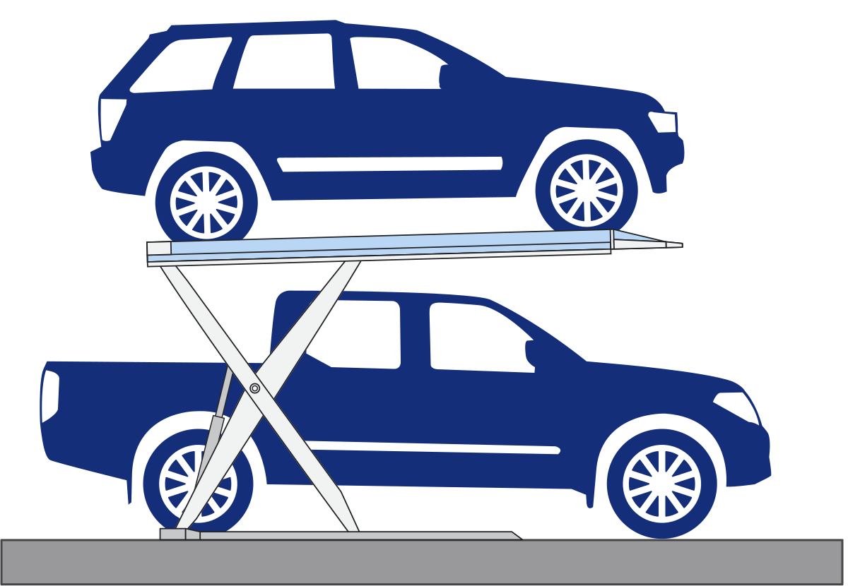 Diagram of a small residential car stacker with navy blue vehicles