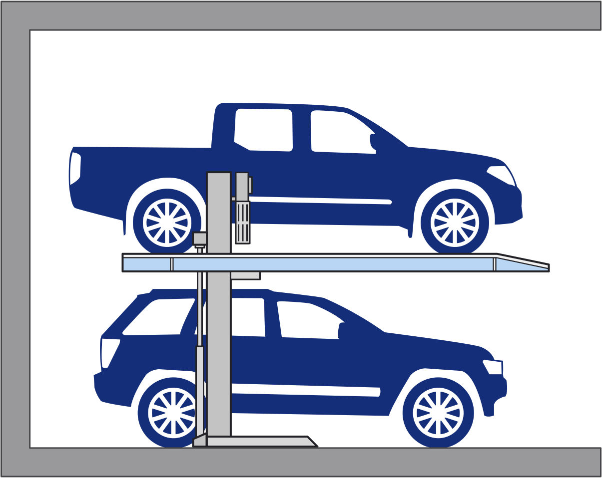 Diagram of a manual car stacker with navy blue vehicles